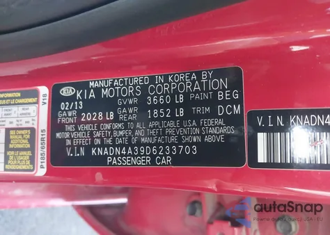 2013 Kia Rio Ex z USA, uszkodzony, nr VIN KNADN4A39D6233703